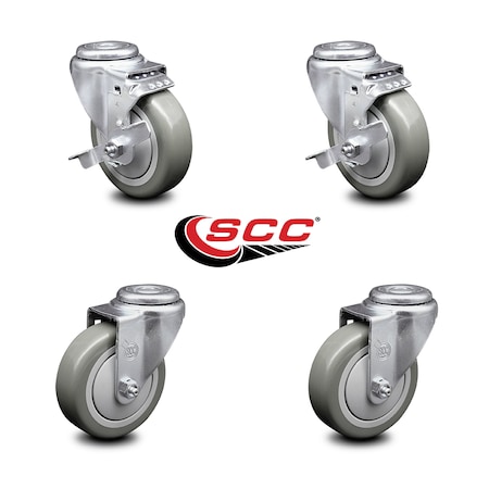 Service Caster 4 Inch Gray Polyurethane Wheel Swivel Bolt Hole Caster Set with 2 Brake SCC SCC-BH20S414-PPUB-TLB-2-S-2